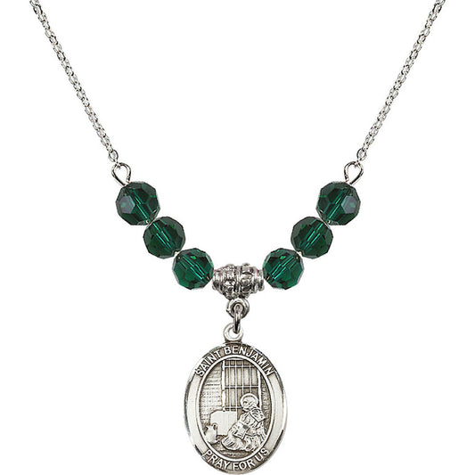 Sterling Silver Saint Benjamin Birthstone Necklace with Emerald Beads - 8013