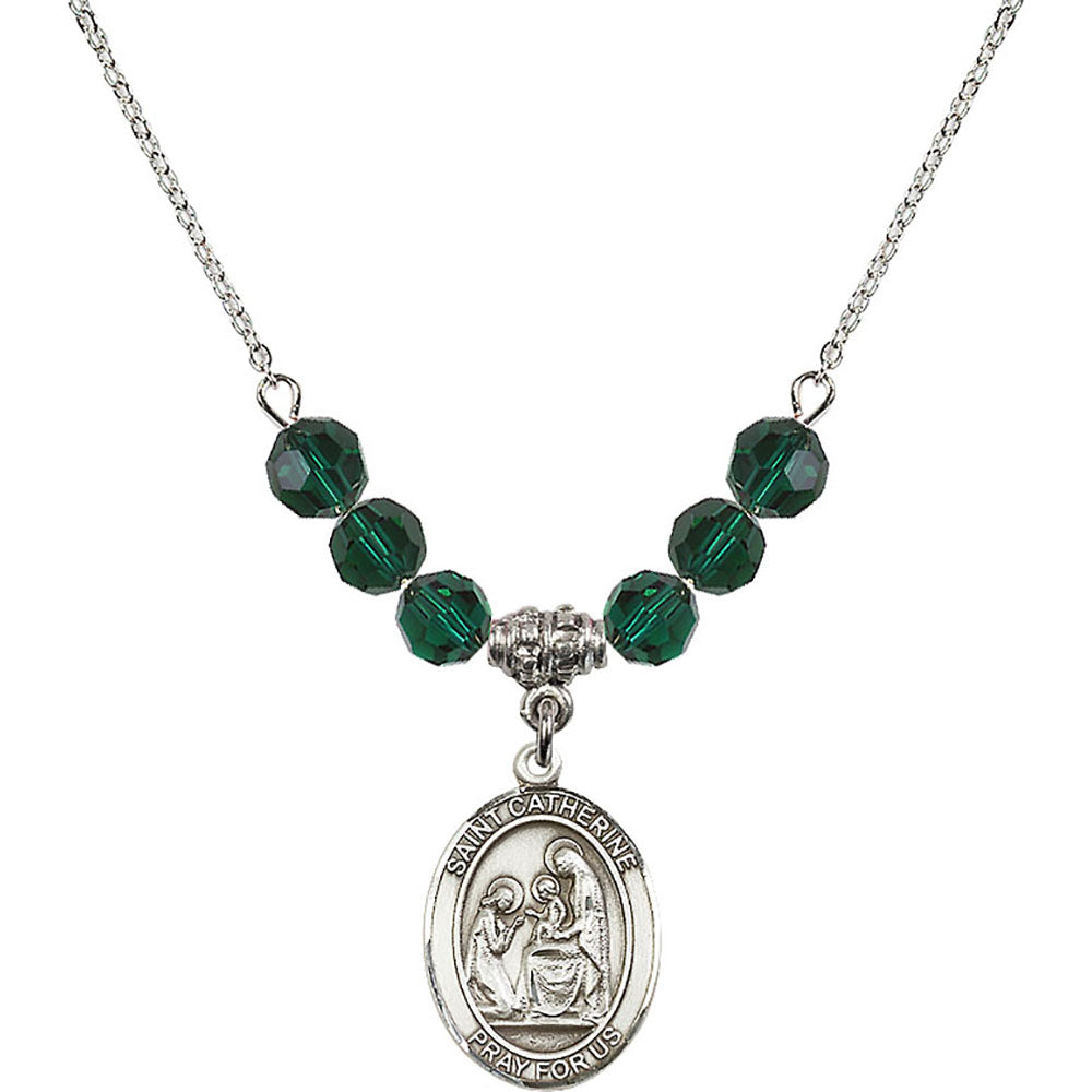 Sterling Silver Saint Catherine of Siena Birthstone Necklace with Emerald Beads - 8014