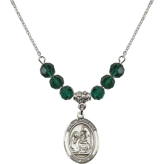 Sterling Silver Saint Catherine of Siena Birthstone Necklace with Emerald Beads - 8014