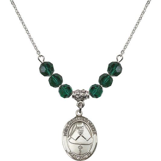 Sterling Silver Saint Katharine Drexel Birthstone Necklace with Emerald Beads - 8015