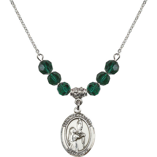 Sterling Silver Saint Bernadette Birthstone Necklace with Emerald Beads - 8017
