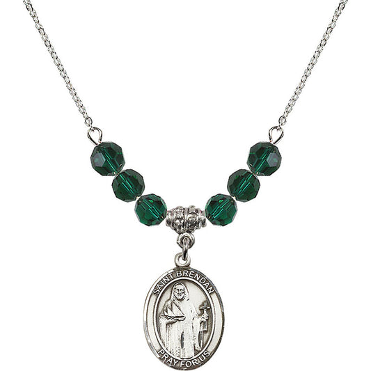 Sterling Silver Saint Brendan the Navigator Birthstone Necklace with Emerald Beads - 8018