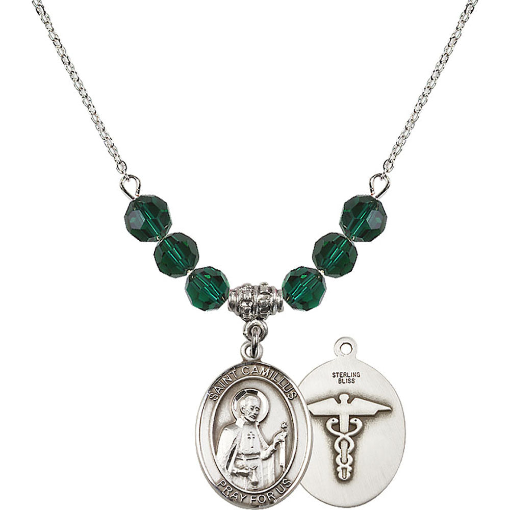 Sterling Silver Saint Camillus of Lellis / Nurse Birthstone Necklace with Emerald Beads - 8019
