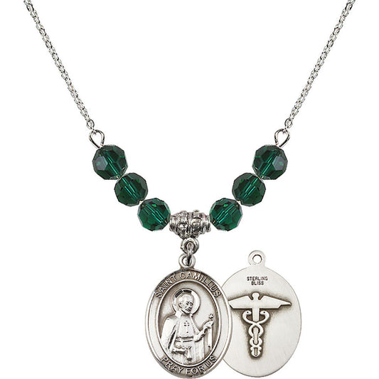 Sterling Silver Saint Camillus of Lellis / Nurse Birthstone Necklace with Emerald Beads - 8019