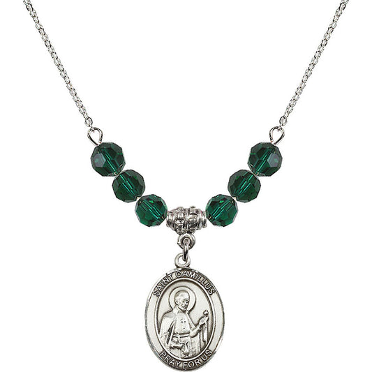 Sterling Silver Saint Camillus of Lellis Birthstone Necklace with Emerald Beads - 8019
