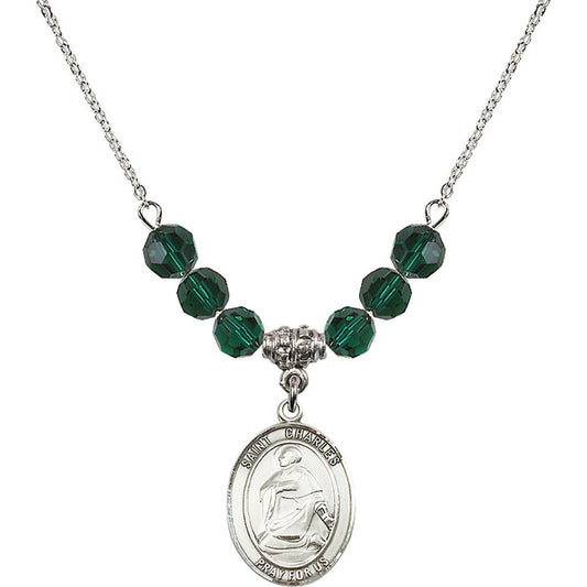 Sterling Silver Saint Charles Borromeo Birthstone Necklace with Emerald Beads - 8020