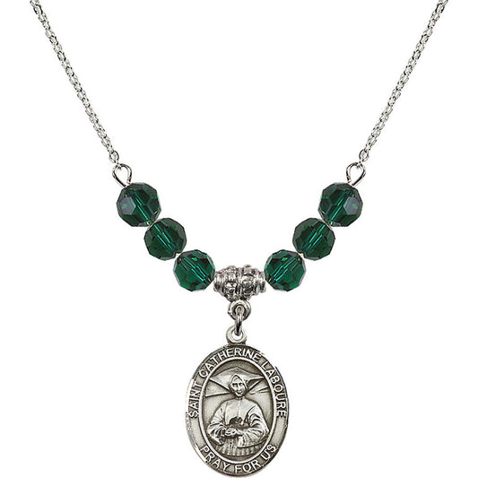 Sterling Silver Saint Catherine Laboure Birthstone Necklace with Emerald Beads - 8021