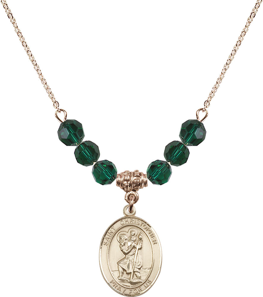 14kt Gold Filled Saint Christopher Birthstone Necklace with Emerald Beads - 8022