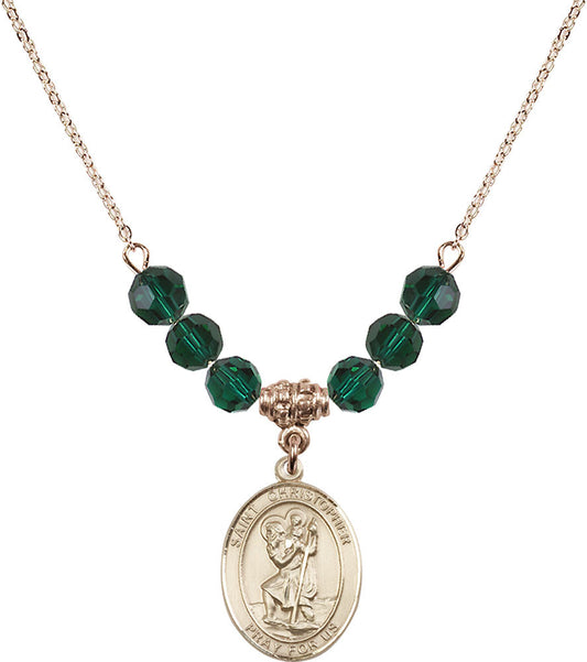 14kt Gold Filled Saint Christopher Birthstone Necklace with Emerald Beads - 8022