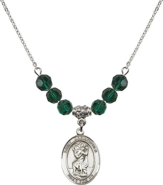 Sterling Silver Saint Christopher Birthstone Necklace with Emerald Beads - 8022