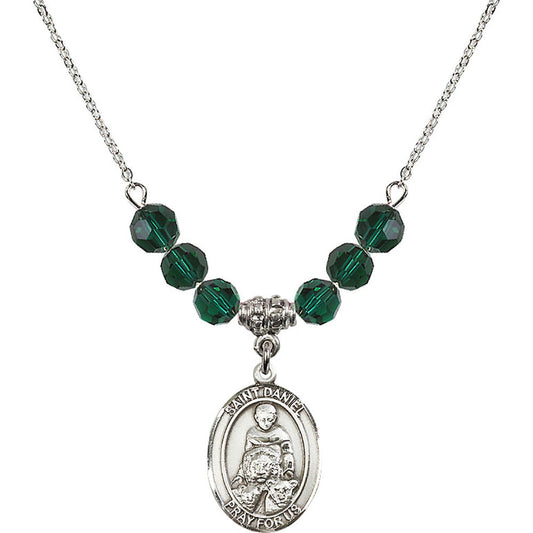 Sterling Silver Saint Daniel Birthstone Necklace with Emerald Beads - 8024