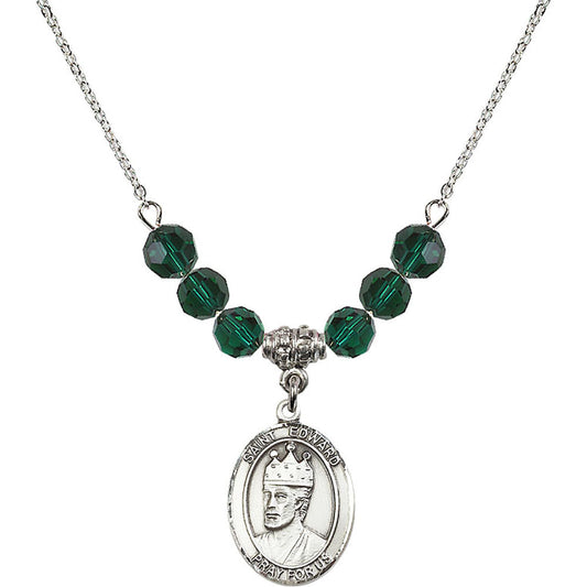 Sterling Silver Saint Edward the Confessor Birthstone Necklace with Emerald Beads - 8026
