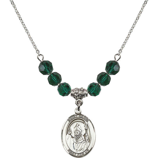 Sterling Silver Saint David of Wales Birthstone Necklace with Emerald Beads - 8027