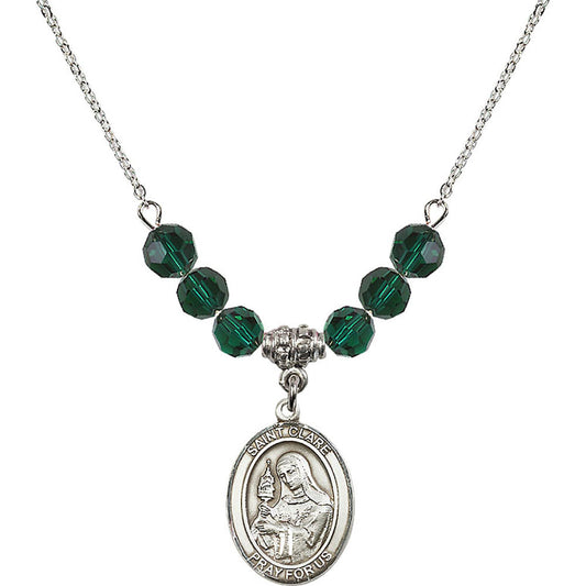 Sterling Silver Saint Clare of Assisi Birthstone Necklace with Emerald Beads - 8028