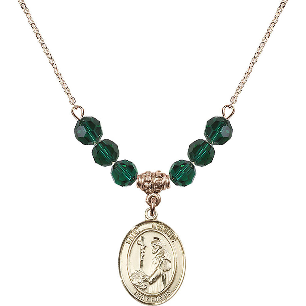 14kt Gold Filled Saint Dominic de Guzman Birthstone Necklace with Emerald Beads - 8030