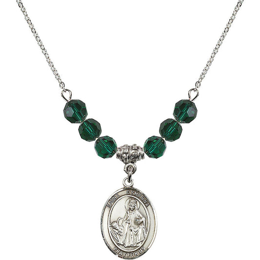 Sterling Silver Saint Dymphna Birthstone Necklace with Emerald Beads - 8032