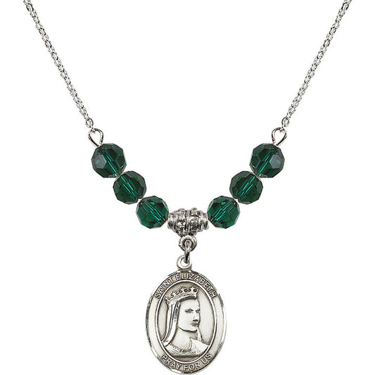 Sterling Silver Saint Elizabeth of Hungary Birthstone Necklace with Emerald Beads - 8033