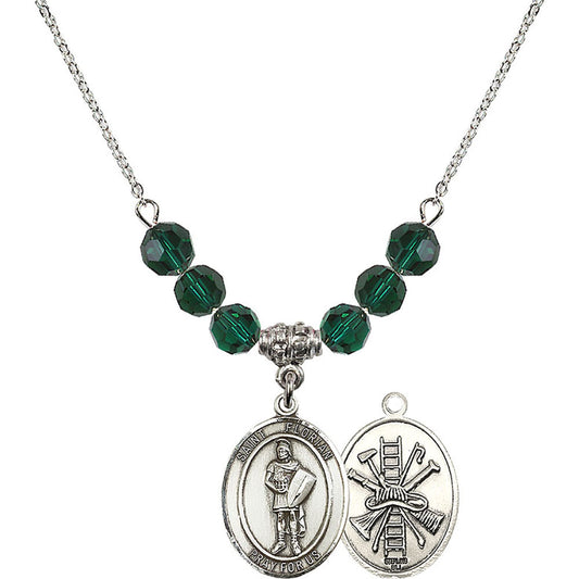 Sterling Silver Saint Florian/Firefighter Birthstone Necklace with Emerald Beads - 8034