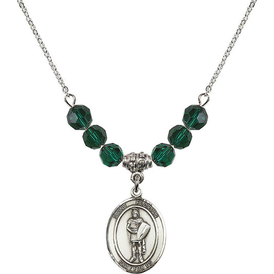 Sterling Silver Saint Florian Birthstone Necklace with Emerald Beads - 8034