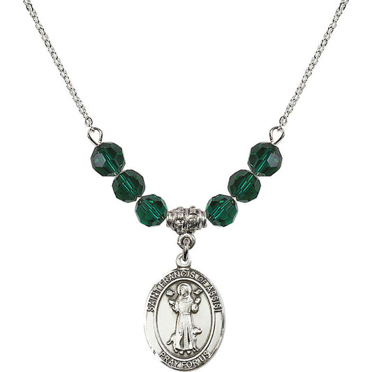 Sterling Silver Saint Francis of Assisi Birthstone Necklace with Emerald Beads - 8036