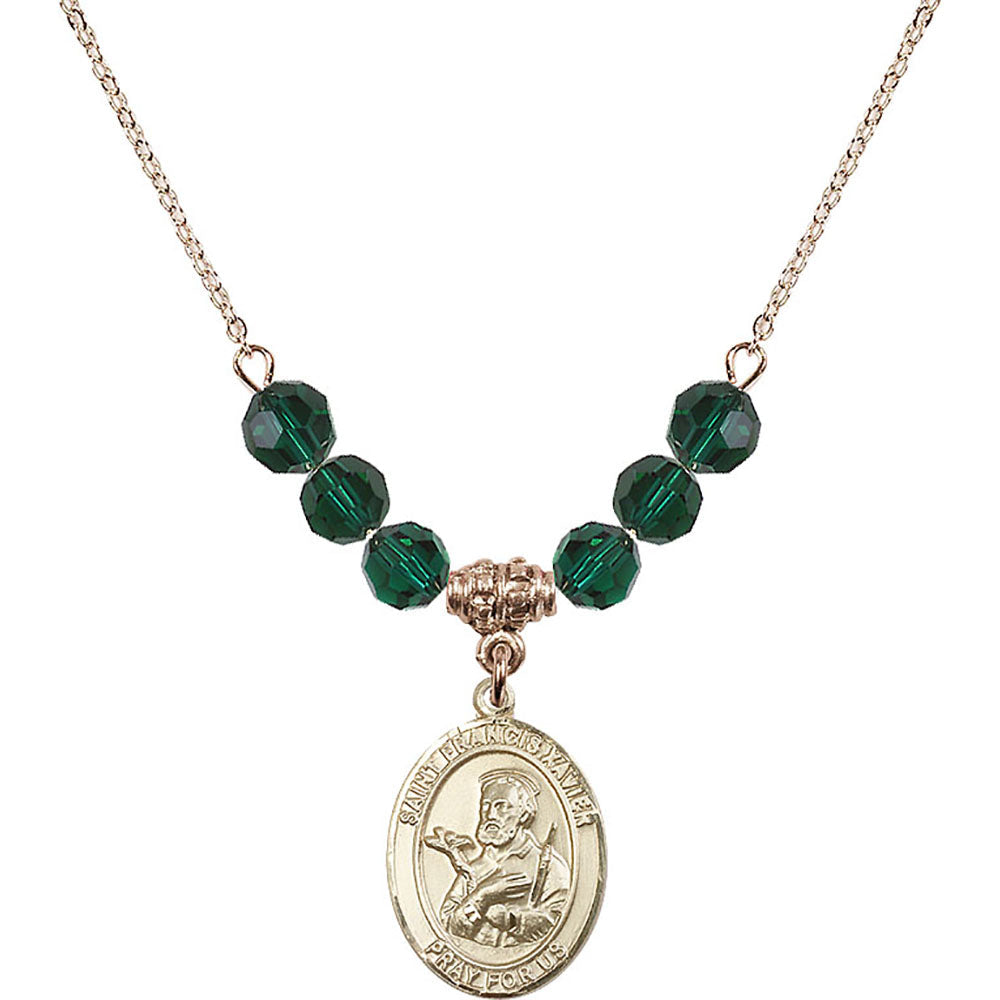 14kt Gold Filled Saint Francis Xavier Birthstone Necklace with Emerald Beads - 8037