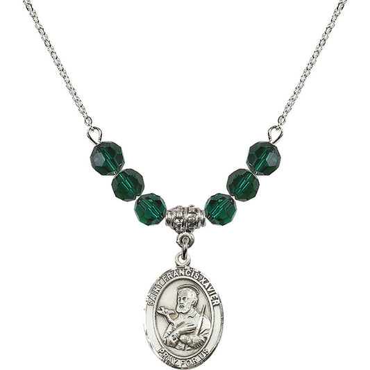 Sterling Silver Saint Francis Xavier Birthstone Necklace with Emerald Beads - 8037