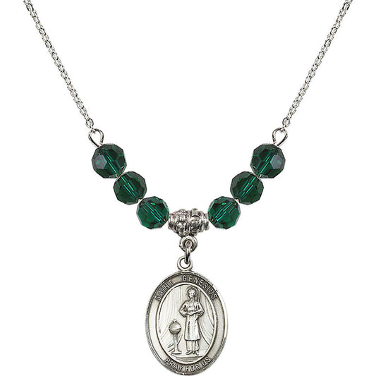 Sterling Silver Saint Genesius of Rome Birthstone Necklace with Emerald Beads - 8038