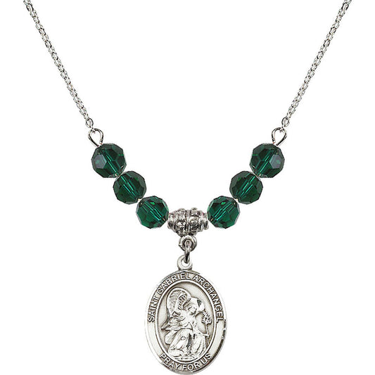 Sterling Silver Saint Gabriel the Archangel Birthstone Necklace with Emerald Beads - 8039