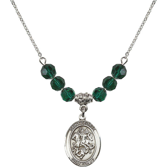 Sterling Silver Saint George Birthstone Necklace with Emerald Beads - 8040