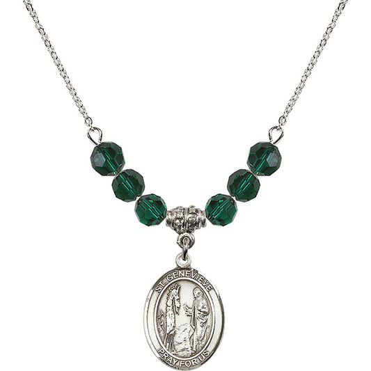 Sterling Silver Saint Genevieve Birthstone Necklace with Emerald Beads - 8041