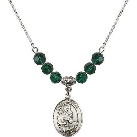 Sterling Silver Saint Gerard Majella Birthstone Necklace with Emerald Beads - 8042