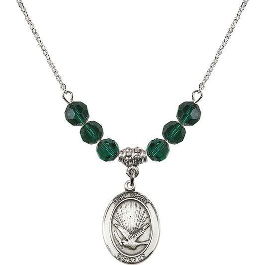 Sterling Silver Holy Spirit Birthstone Necklace with Emerald Beads - 8044