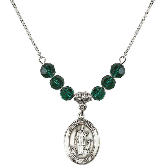 Sterling Silver Saint Hubert of Liege Birthstone Necklace with Emerald Beads - 8045