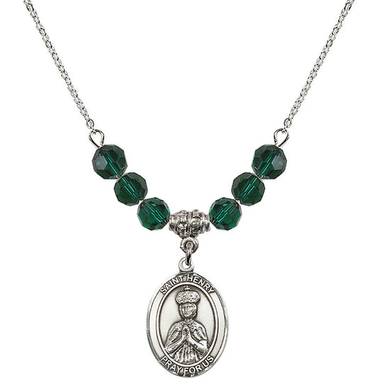 Sterling Silver Saint Henry II Birthstone Necklace with Emerald Beads - 8046