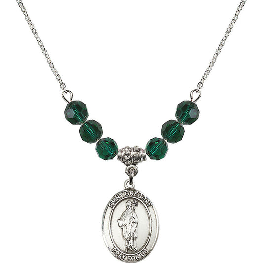 Sterling Silver Saint Gregory the Great Birthstone Necklace with Emerald Beads - 8048