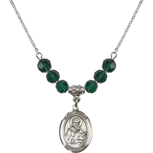 Sterling Silver Saint Isidore of Seville Birthstone Necklace with Emerald Beads - 8049
