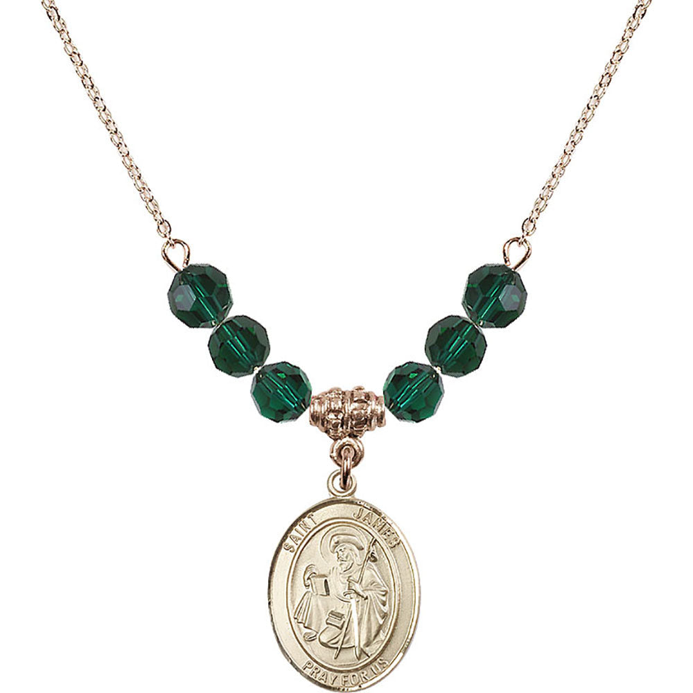 14kt Gold Filled Saint James the Greater Birthstone Necklace with Emerald Beads - 8050