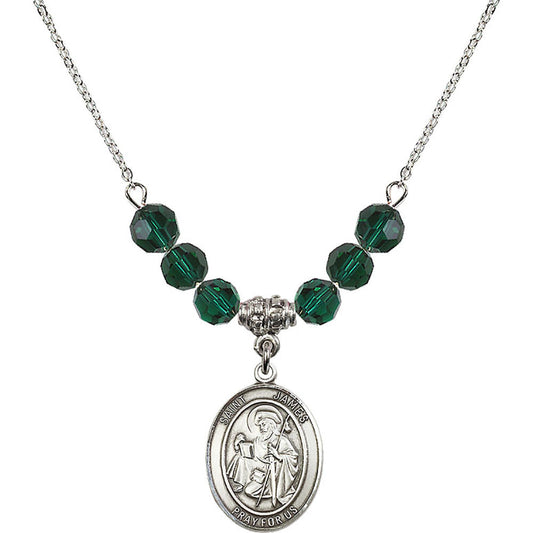 Sterling Silver Saint James the Greater Birthstone Necklace with Emerald Beads - 8050