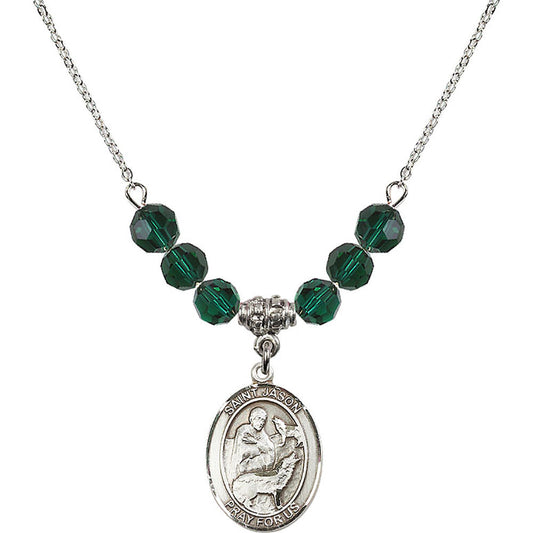 Sterling Silver Saint Jason Birthstone Necklace with Emerald Beads - 8051