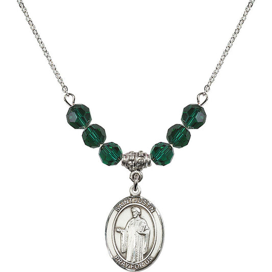 Sterling Silver Saint Justin Birthstone Necklace with Emerald Beads - 8052