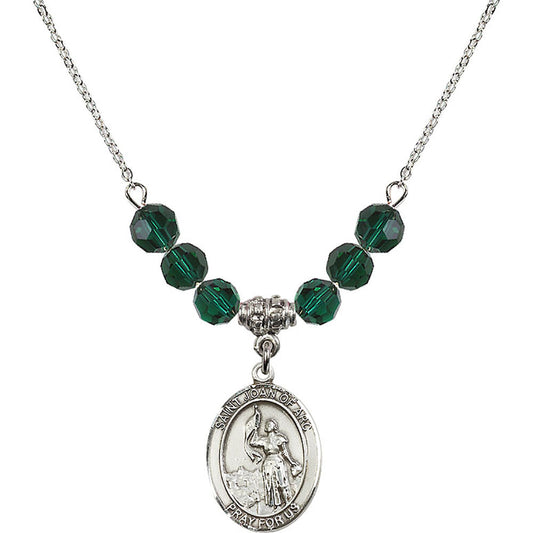 Sterling Silver Saint Joan of Arc Birthstone Necklace with Emerald Beads - 8053