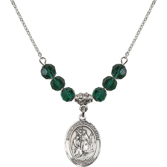 Sterling Silver Saint John the Baptist Birthstone Necklace with Emerald Beads - 8054