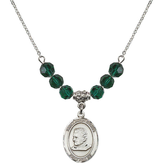 Sterling Silver Saint John Bosco Birthstone Necklace with Emerald Beads - 8055
