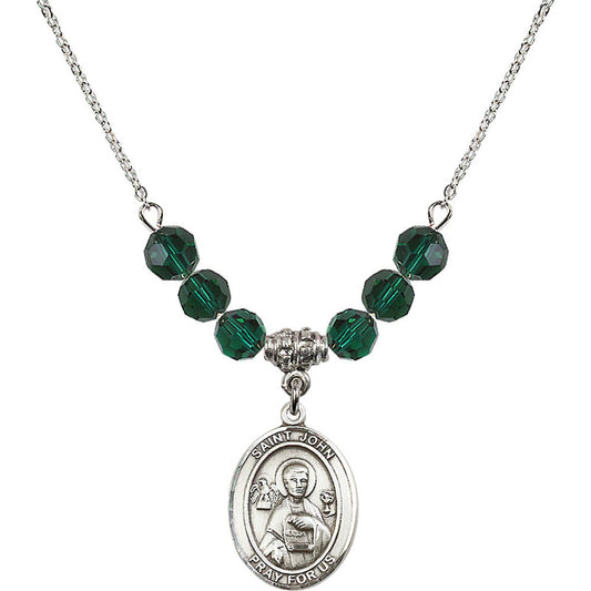 Sterling Silver Saint John the Apostle Birthstone Necklace with Emerald Beads - 8056