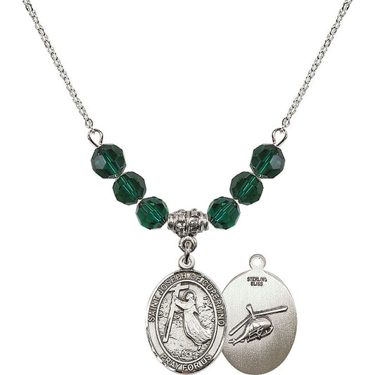 Sterling Silver Saint Joseph of Cupertino/Helecopter Birthstone Necklace with Emerald Beads - 8057