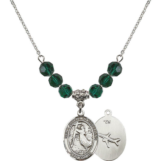 Sterling Silver Saint Joseph of Cupertino Birthstone Necklace with Emerald Beads - 8057