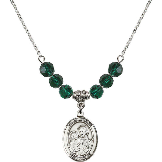 Sterling Silver Saint Joseph Birthstone Necklace with Emerald Beads - 8058