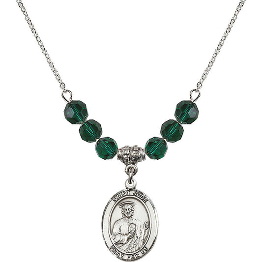 Sterling Silver Saint Jude Thaddeus Birthstone Necklace with Emerald Beads - 8060