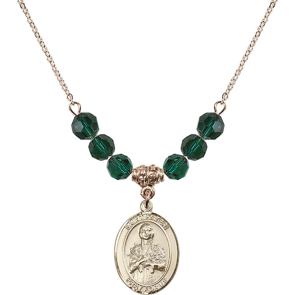 14kt Gold Filled Saint Kateri Tekakwitha Birthstone Necklace with Emerald Beads - 8061