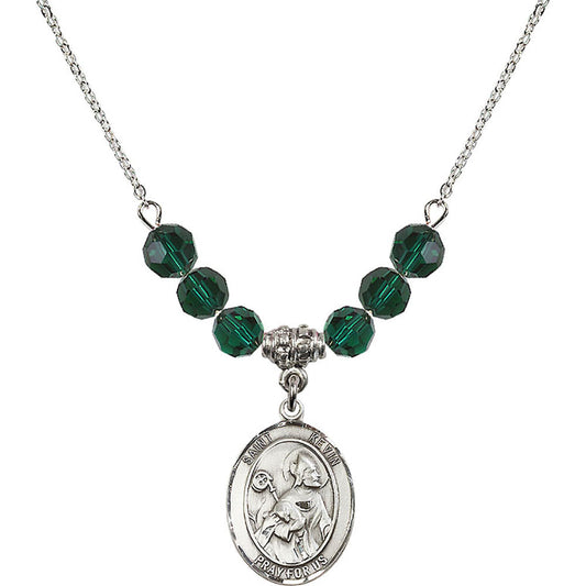 Sterling Silver Saint Kevin Birthstone Necklace with Emerald Beads - 8062